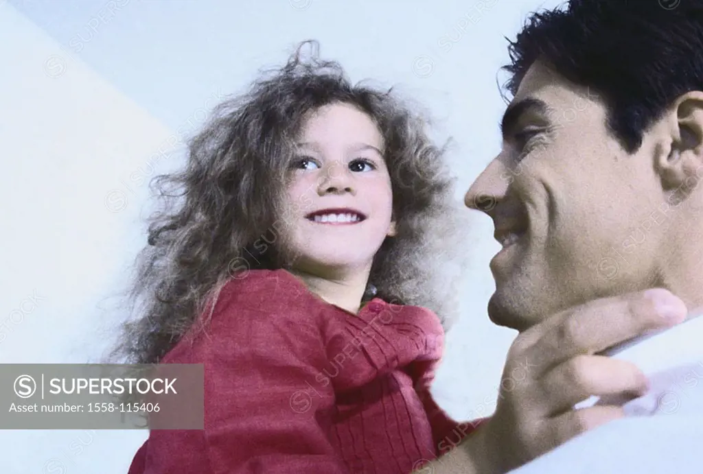 Father, daughter, carries, cheerfully, detail people man, child, long-haired, laughs, joy, happily, love, welfare, care, protection, mutuality, harmon...