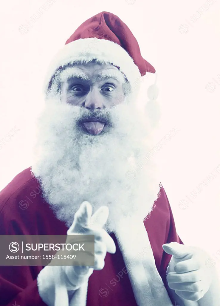 Santa Claus, tongue, signals, shows semi-portrait, Advent Christmas man Santa Claus-outfit disguise, gaze camera facial expression gesture, indicates,...