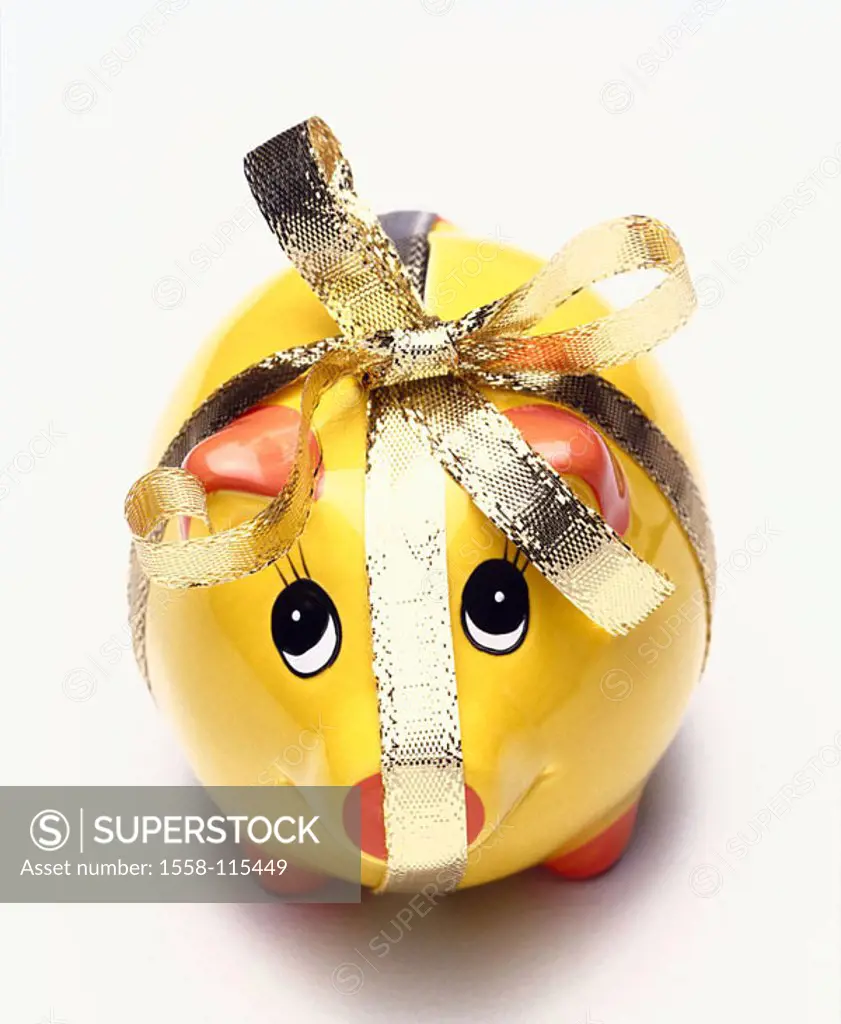 Savings-pig, yellow, gift-band, golden, birthday, Christmas, birthday-gift, Christmas-gift, bow, gift of money, symbol, thrift, savings, saves finance...