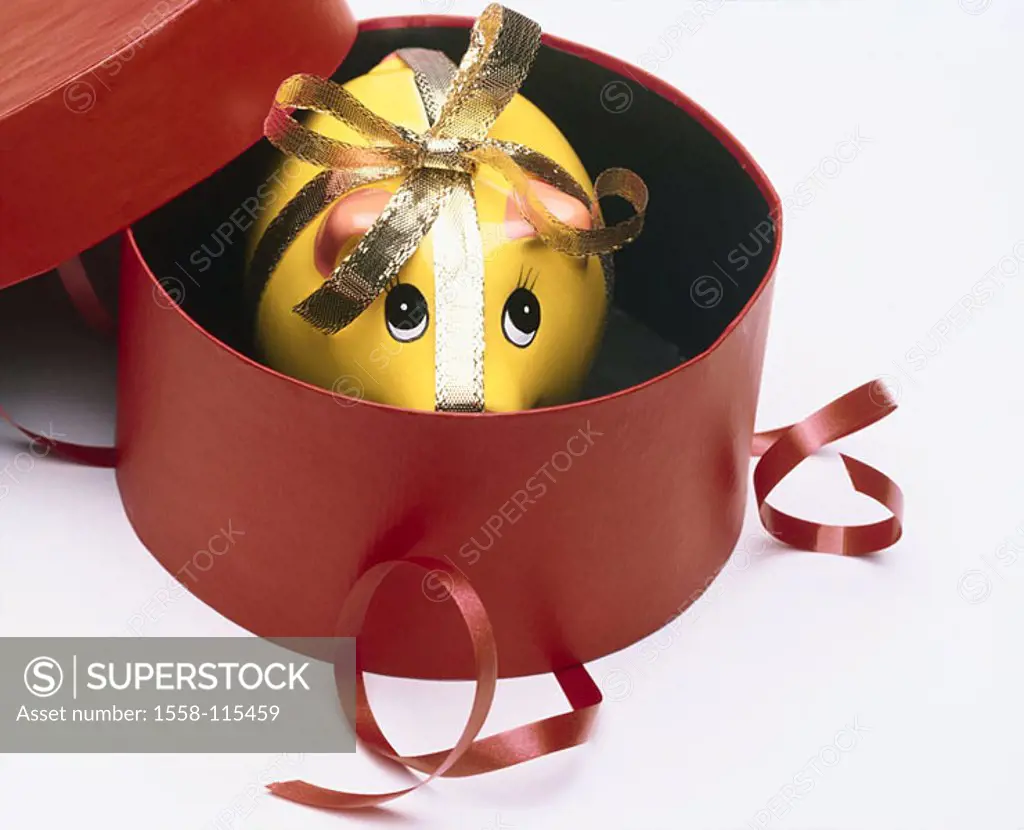 Gift-carton, savings-pig, yellow, gift-band, golden, birthday, Christmas, birthday-gift, Christmas-gift, bow, gift of money, symbol, thrift, savings, ...