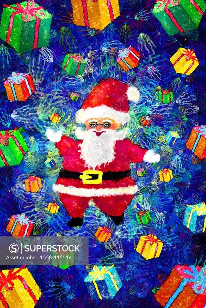 Illustration, Santa Claus, cheerfully, gifts, computer-graphics, Christmas time, heavens, night-heavens, beard, glasses, laughs, juggles, fuss, gift-f...