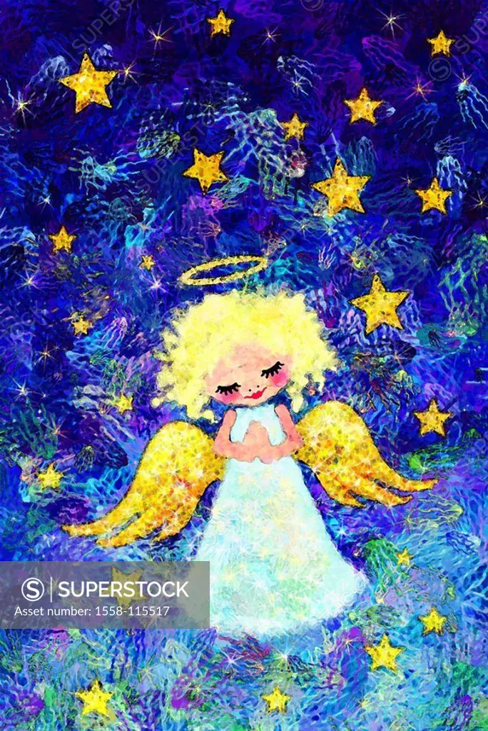 Illustration, angels, cheerfully, devoutly, hands, stars, folded heaven, computer-graphics Christmas time Christmas Eve heaven-natures light-natures, ...