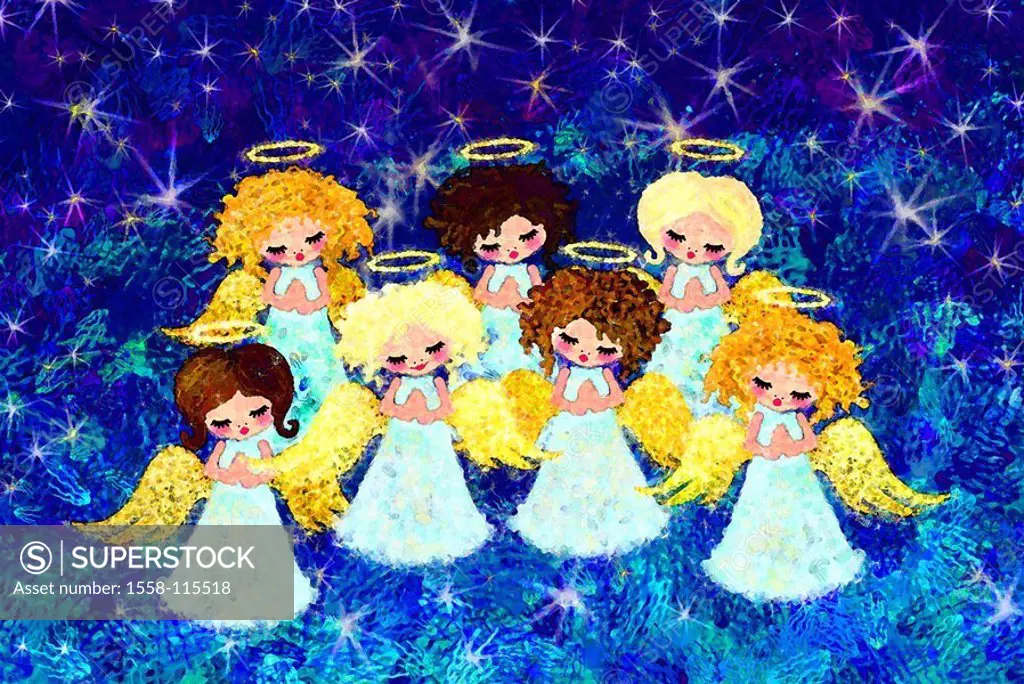 Illustration, choir, angels, cheerfully, devoutly, hands folded, sings, stars, heavens, computer-graphics, Christmas time, Christmas Eve, heaven-natur...