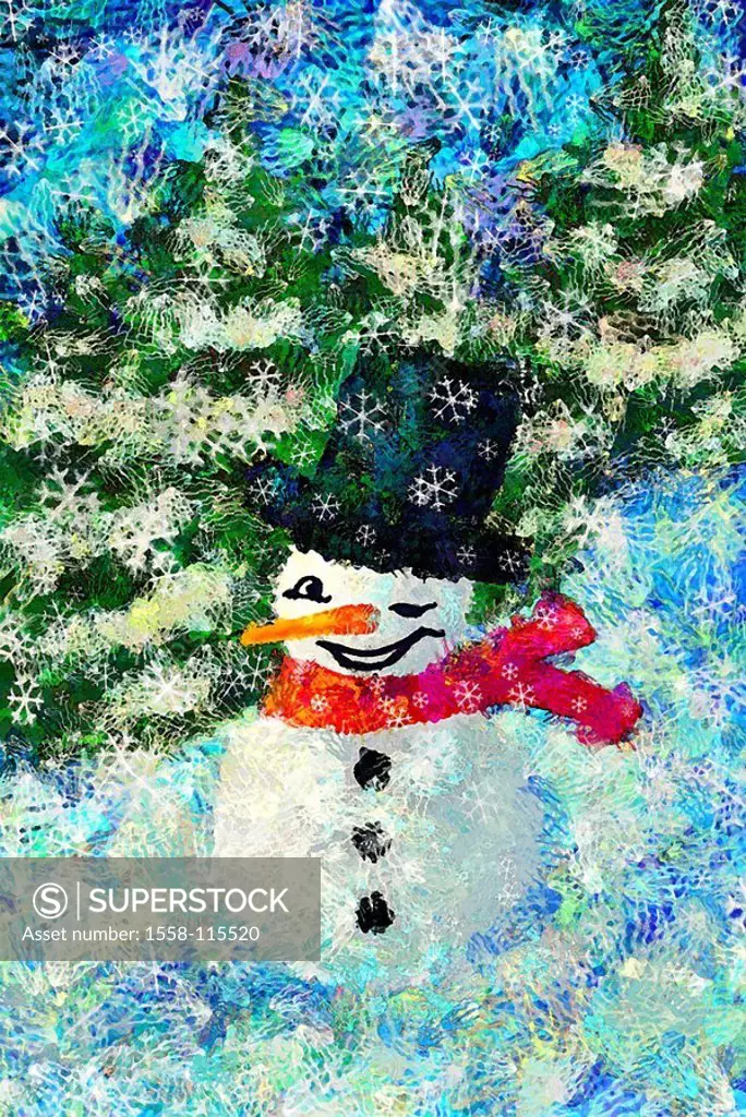 Illustration, snowman, scarf, cylinders, cheerfully, winks, snowflakes, forest, winters, computer-graphics, season, Christmas time, nobody, snow-figur...