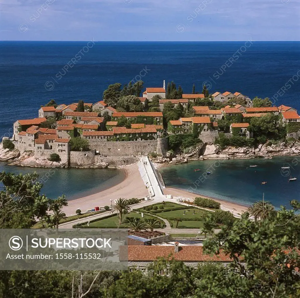 Montenegro, Sveti Stefan, place-opinion, Balkan peninsula, Adriatic-coast, coast, island, hotel-island, houses, buildings, hotels, harbor, landing pla...