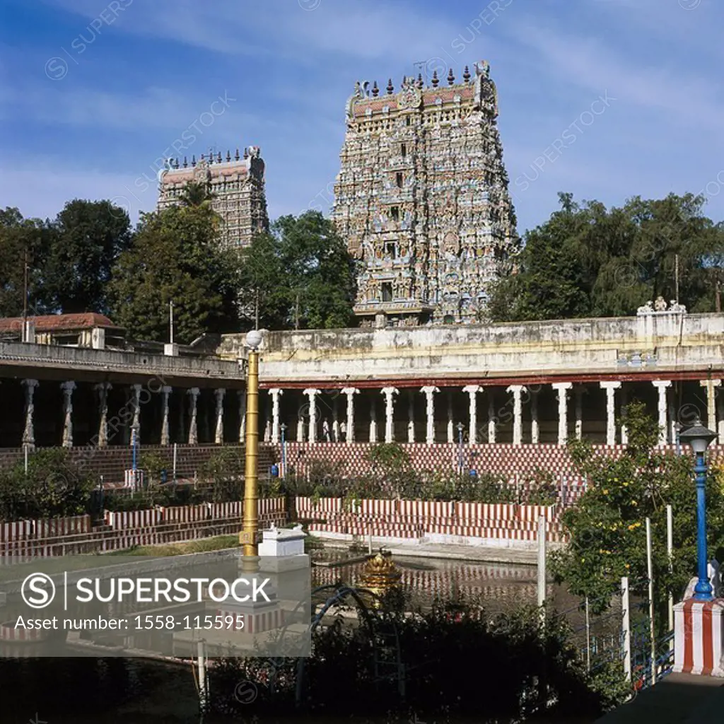 India, Tamil Nadu, Madurai, Sri Minakshi, basins, column, Asia, temples, inner courtyard, sacred water, sculpture, Lotusblüte, sights, gilds destinati...