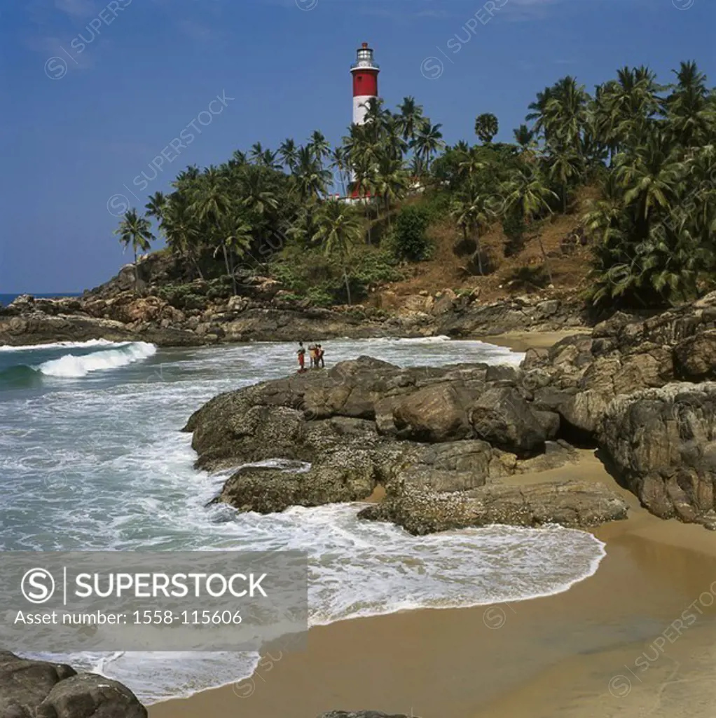 India, Kerala, Kovalam, rock-coast, lighthouse, Asia, coast-region, coast, rocks, men, sea-gaze, bath-bay, bay, surf, nature, idylls, silence, silence...