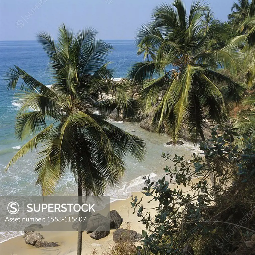 India, Kerala, Kovalam, rock-coast, beach, from above, Asia, coast-region, coast, rocks, bay, bath-bay, palms, nature, idylls, silence, silence, lonel...