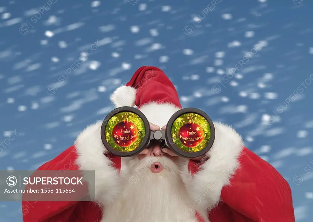 Christmas, Nikolaus, binoculars, are amazed gaze detail ball ´glad Christmas´ snow, Composing, Christmas time, Advent, Christian-tree flurries, snowfa...