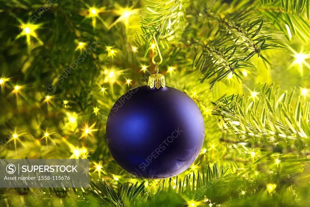 Christmas, Christmas-tree, close-up, fir-branches, lights, glistens, Christian-tree-ball, blue, M, fir-tree, detail, branches, decorated, decoration, ...