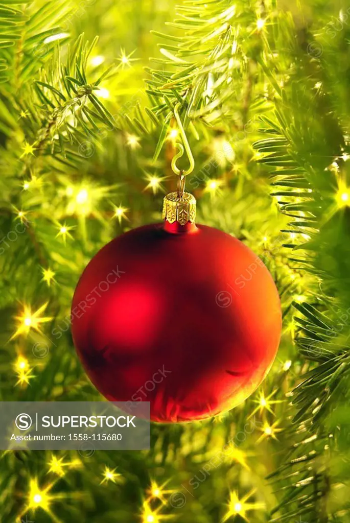 Christmas, Christmas-tree, close-up, fir-branches, lights, glistens, Christian-tree-ball, red, M, fir-tree, detail, branches, decorated, decoration, o...