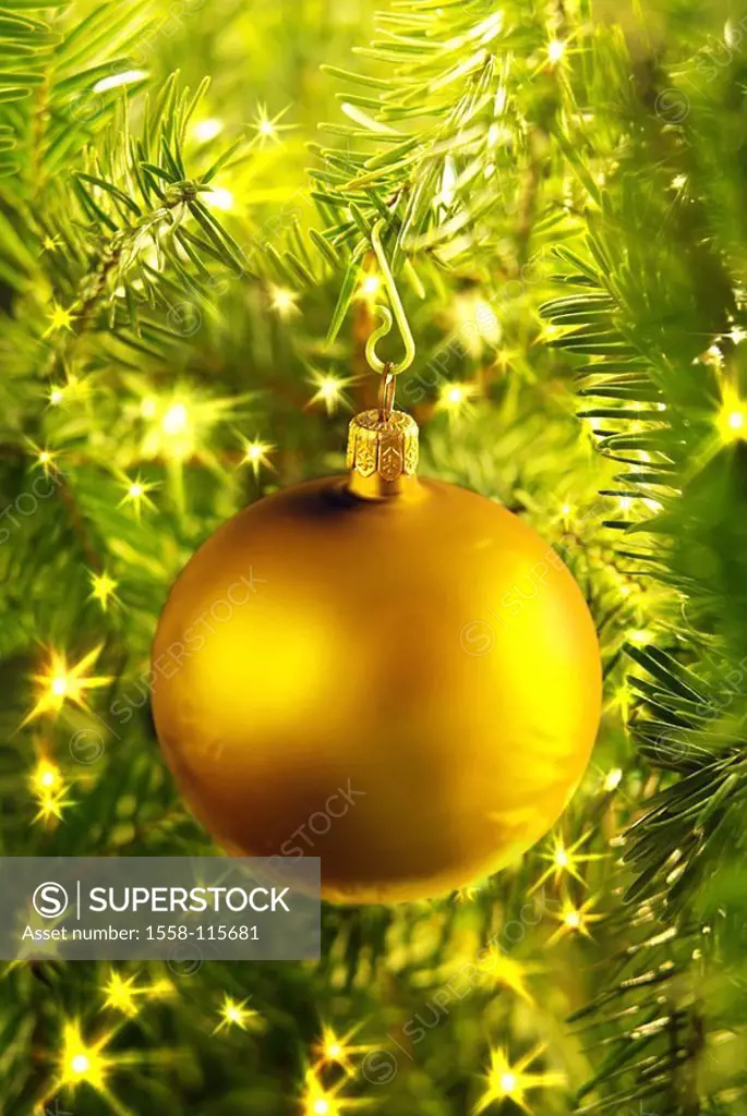 Christmas, Christmas-tree, close-up, fir-branches, lights, glistens, Christian-tree-ball, gold, M, fir-tree, detail, branches, decorated, decoration, ...