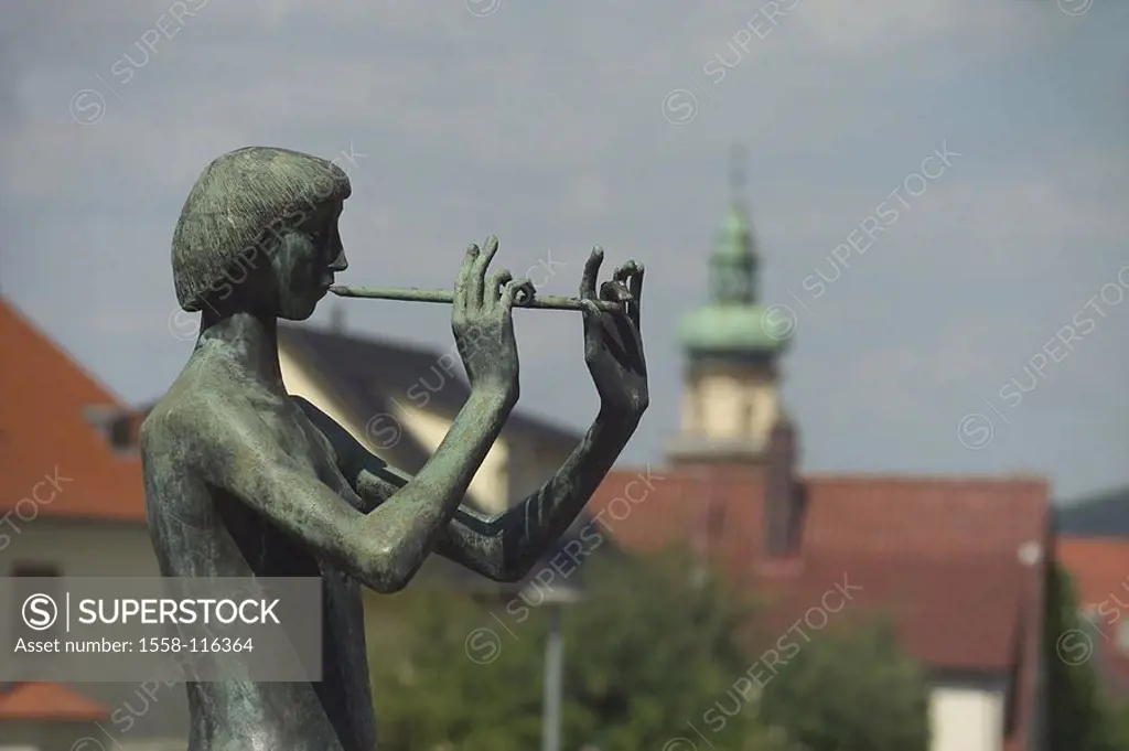 Germany, Baden-Württemberg, eels, sculpture flutist side-opinion semi-portrait Ostalbkreis city, art, sculptor-art, statue, monument, bronze-figure, m...