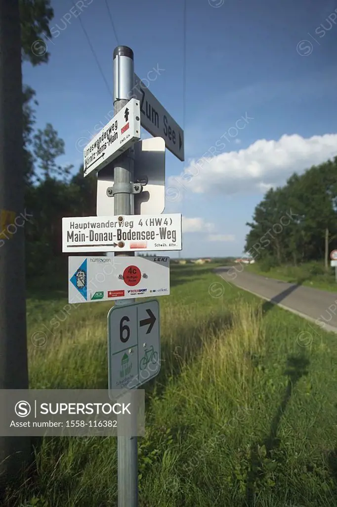 Germany, Baden-Württemberg, Rainau-Schwabsberg, street, signposts, footpaths, country road, roadside, Schilderbaum, signs, signs, traveling-areas, des...