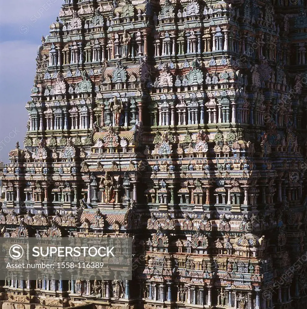 India, Tamil Nadu, Madurai, temples, Sri Minakshi, facade, detail, Asia, temples, statues, sculptures, figures, God, architecture, art, culture, sight...