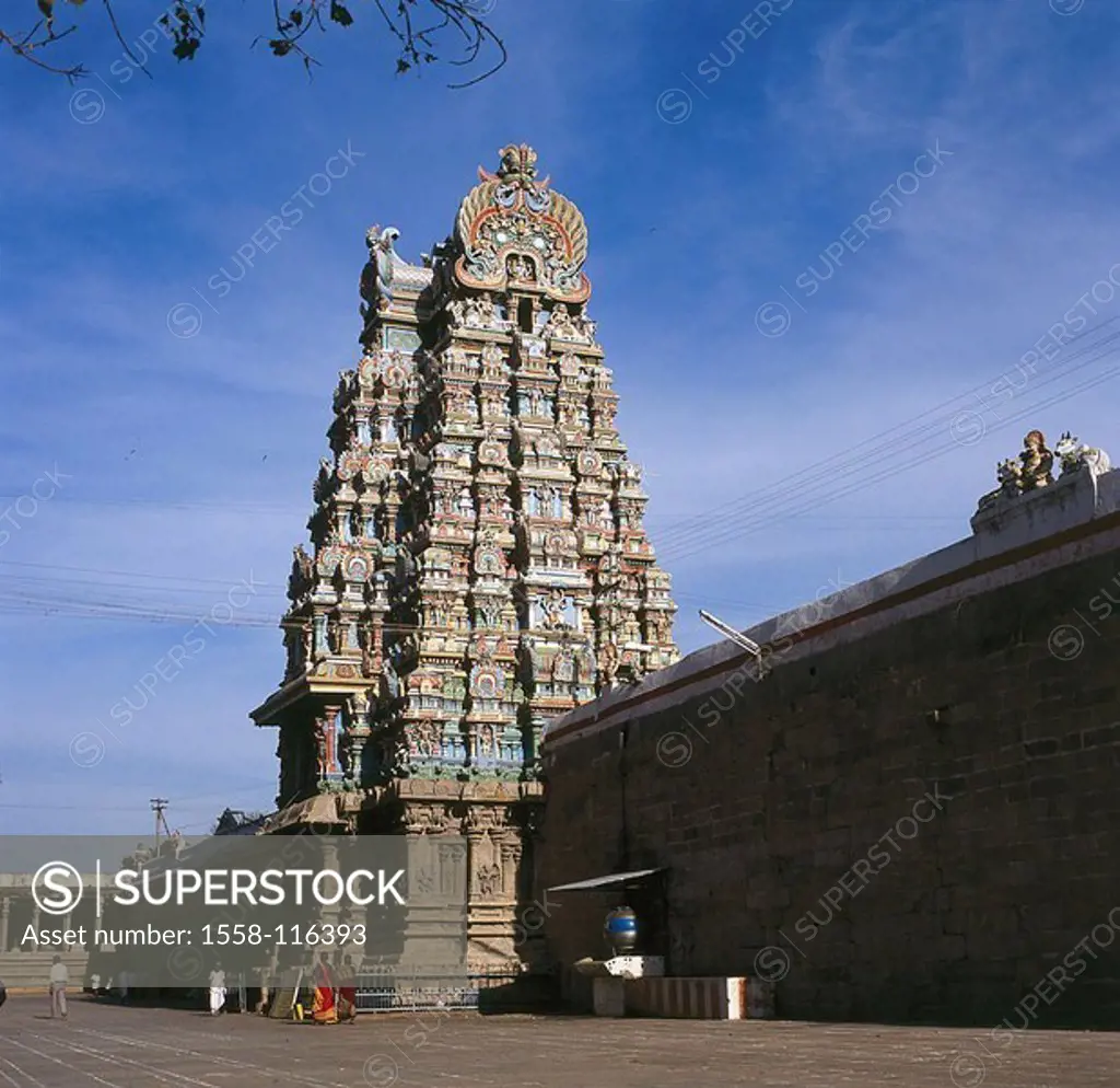 India, Tamil Nadu, Madurai, temples, Sri Minakshi, tower, passers-by, Asia, temples, statues, sculptures, figures, God, architecture, art, culture, si...