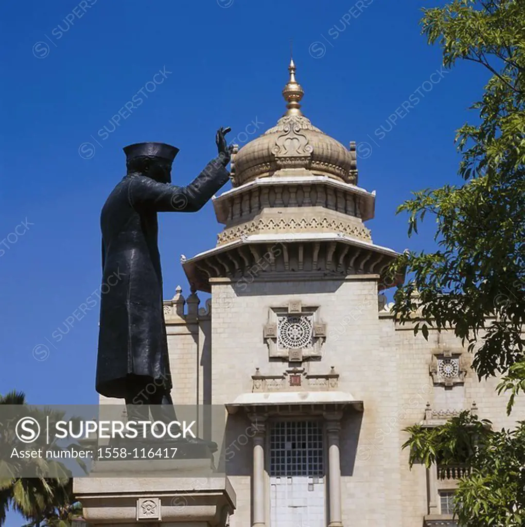 India, Karnataka, Bangalore, parliament, statue ´´Pandit Nehru´, Asia, ´garden-city´, Parliament, construction, architecture, statue, bronze-statue, s...