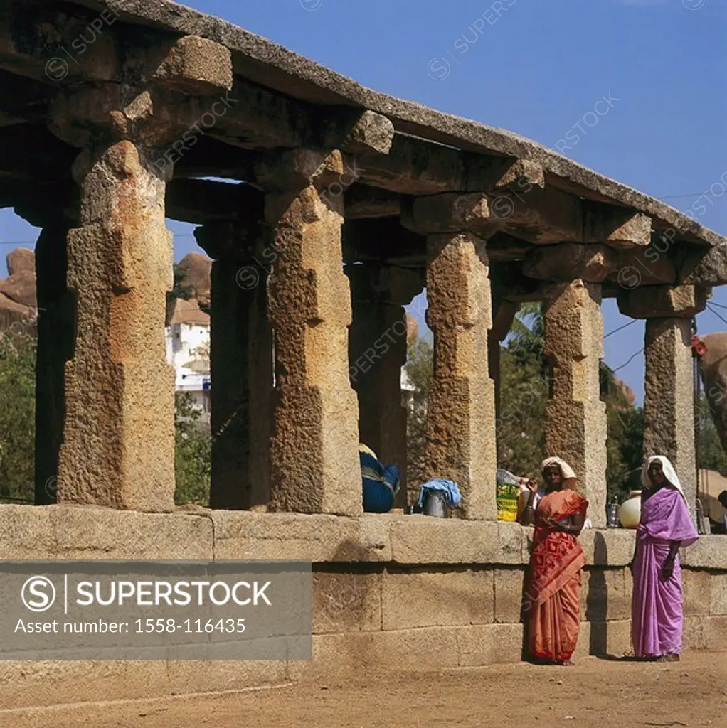 India, Karnataka, models temple, Indians, no Hampi, Vijayanagar ruin-city, release, Asia, Virupaksha, construction, columns, temple-ruin, people, wome...