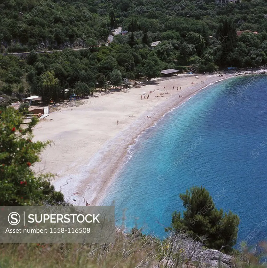 Montenegro, Sveti Stefan, beach, Balkan peninsula, Adriatic-coast, coast-region, bath-bay, bay, beach, sandy beach, tourists, symbol, destination, tou...