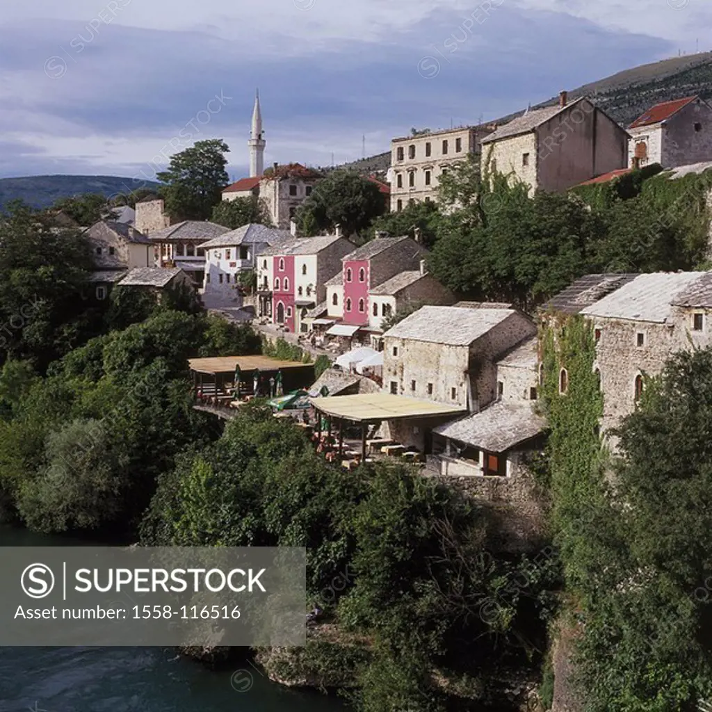 Bosnia and Hercegovina, Mostar, city-opinion, Old Bazar Kujundziluk, river Neretva, Balkan peninsula, Adriatic-coast, city, cityscape, houses, residen...