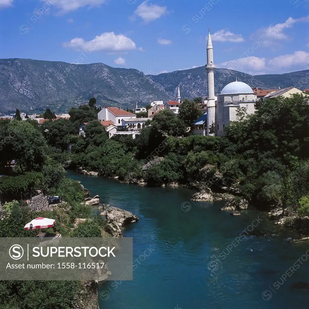 Bosnia and Hercegovina, Mostar, city-opinion, mosque Mehmed Pasha, river Neretva, Balkan peninsula, Adriatic-coast, mountains, city, cityscape, houses...