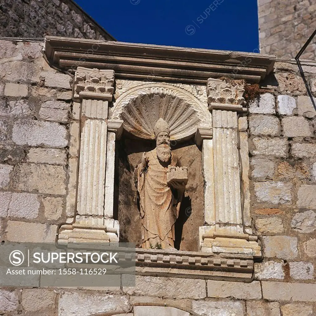 Croatia, Dubrovnik, Ploce-Tor, detail, niche, statue, S Biagio, Balkan peninsula, Dalmatia, old part of town-entrance, wall, city wall, wall-niche, sa...