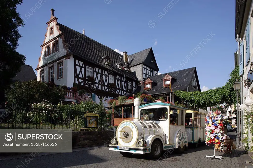 Germany, Hesse, Rhine-district, male dog-home in the Rhine, waiter-alley, timbering-house, tourist-train, Europe, Rhine-valley, means-Rhine-valley, ci...