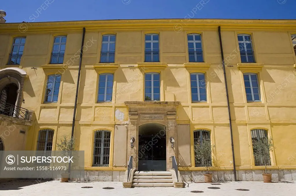 France, Provence, Aix-en-Provence, Thermes Sextius, facade, detail, South-France, Rue you Bon Pasteur thermal-bath thermal, house-facade, yellow, entr...