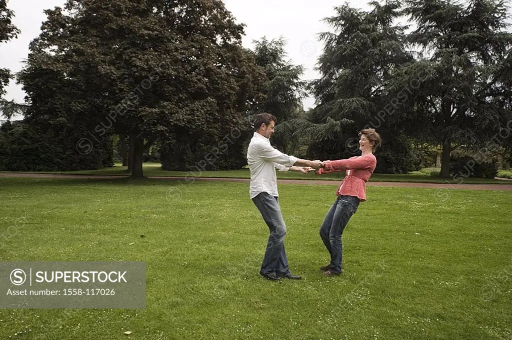 Park, pair, cheerfully, hands, holds, circle, turns, series, people, 30-40 years, love-pair, love, affection, happily, fun, joy, foolishly, devilment,...