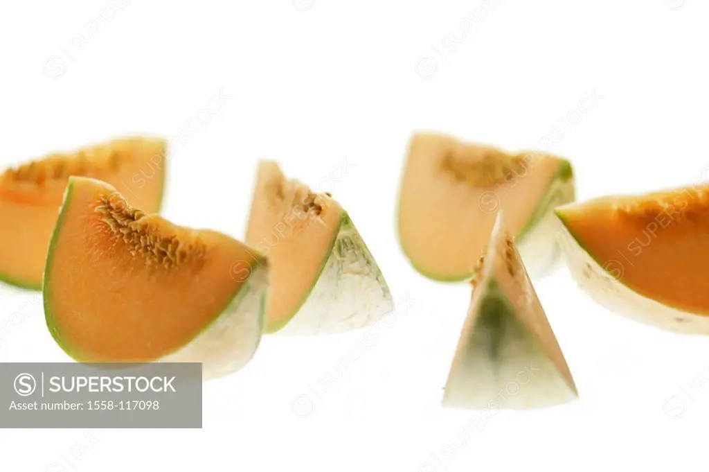 Honey-melon, bragged, piece, series, fruit, fruits, South-fruits, melons, melon-kind, sugar-melons, Cucumis melo, pumpkin-plants, pulp, orange, food, ...
