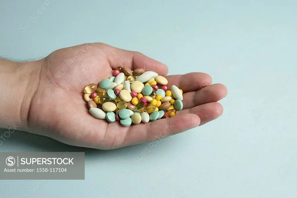Palm, medication, differently, series, men´s-hand, medicine, drug, pills, pill, pills, capsules, different, mixed, colorfully, selection, variety, sym...