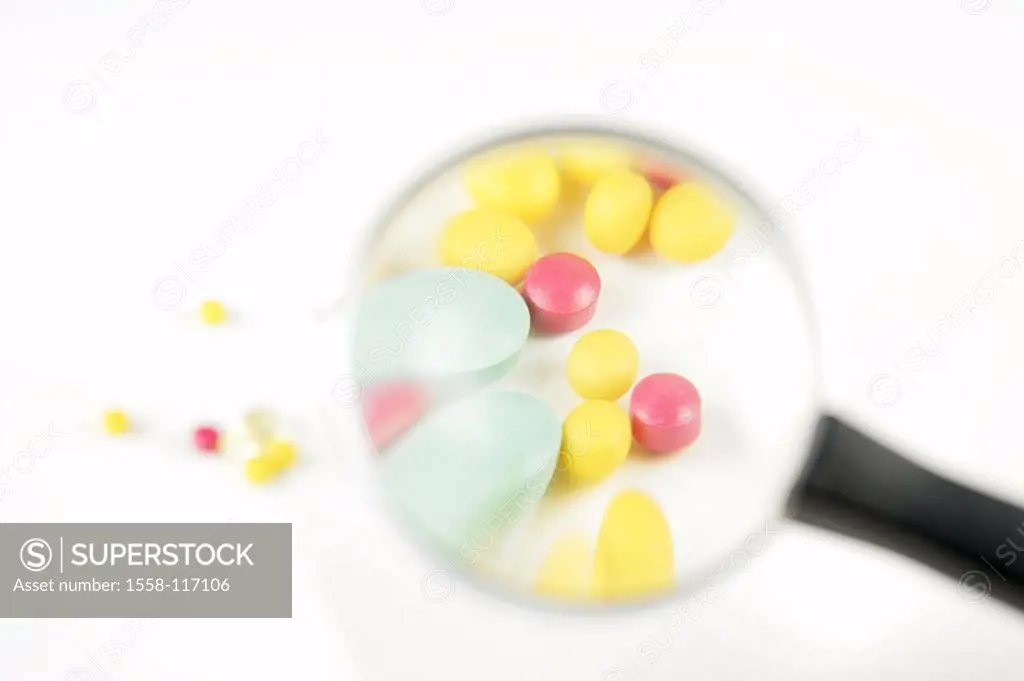 Magnifying glass, medication, differently, series, medicine, drug, pills, pill, pills, capsules, different, mixed, colorfully, symbol addiction addict...