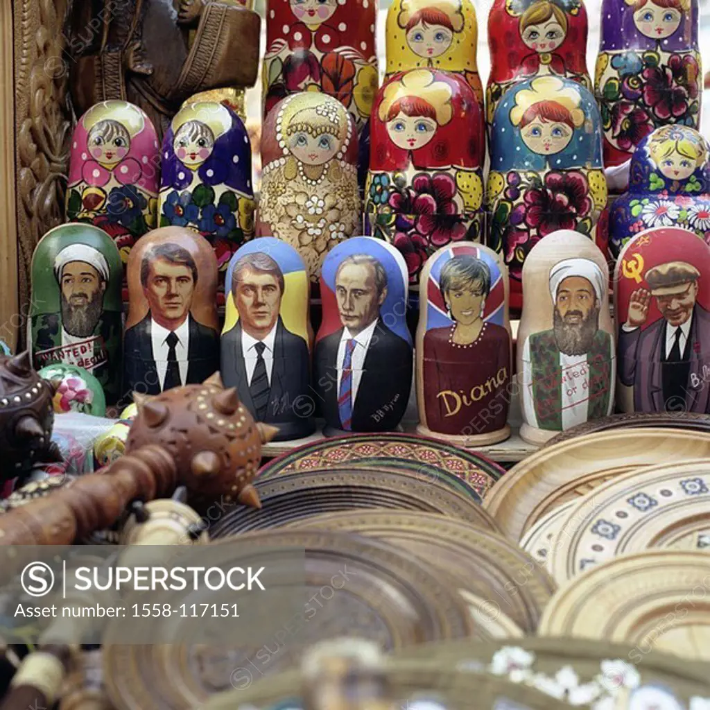 Ukraine, Lemberg, souvenir-sale, Matroschkas, traditional, modern, detail, memory, Mitbringsel, dolls, wood-dolls, imprint, prominent persons, persona...