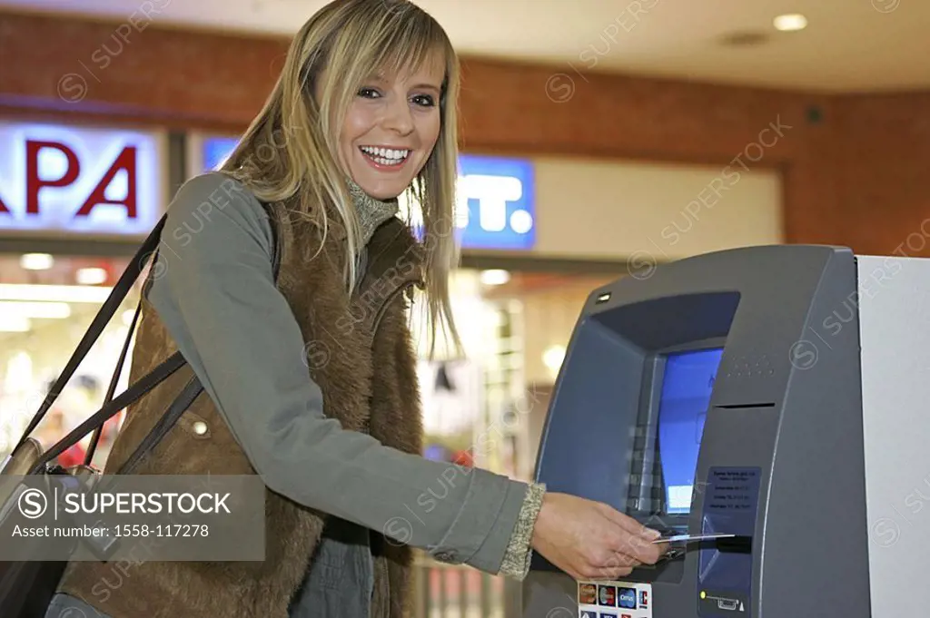 Woman, young, automatic teller, smiles, semi-portrait, broached, people, money, lifts up finances, EC, EC-Automat, bank-vending machine, self-service-...