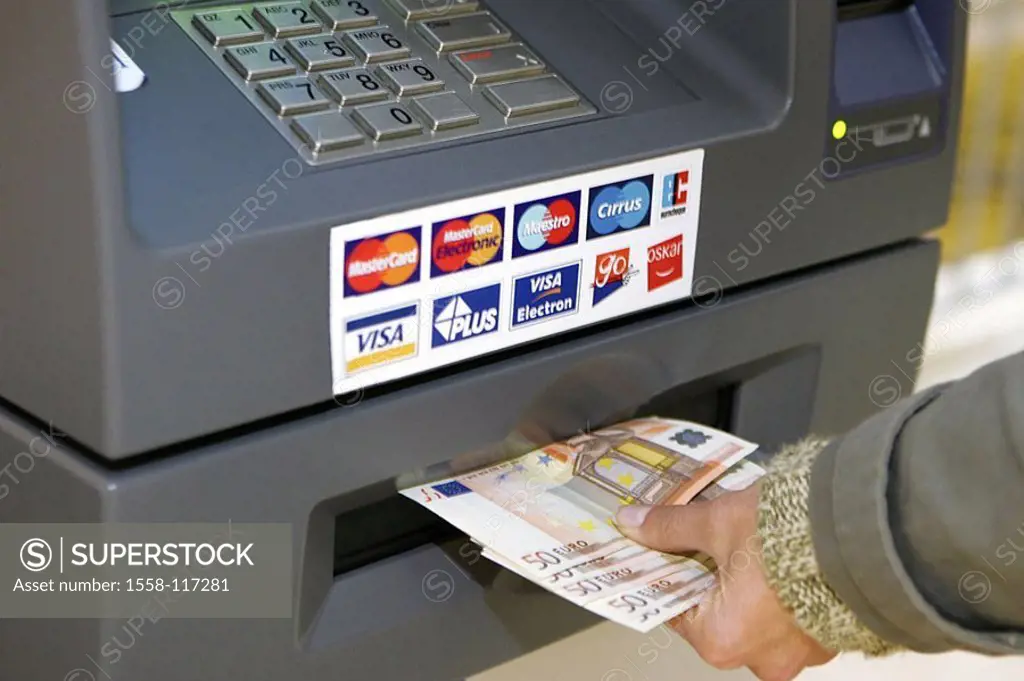 Woman, detail, hand, automatic teller, bills, takes, series, people, money, finances, EC, EC-Automat, bank-vending machine, vending machine, cash, lif...
