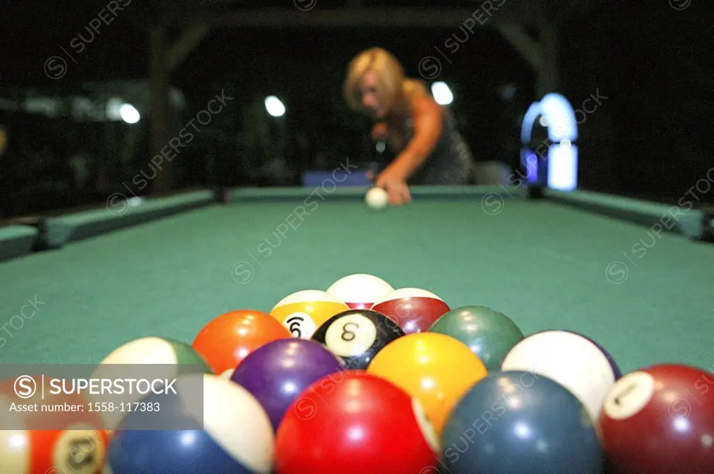 Billiard-table, woman, young, Queue, balls, fuzziness, bump into billiard, game billiard-ball balls white, colorful skill, skill, strategy, hobby, lei...