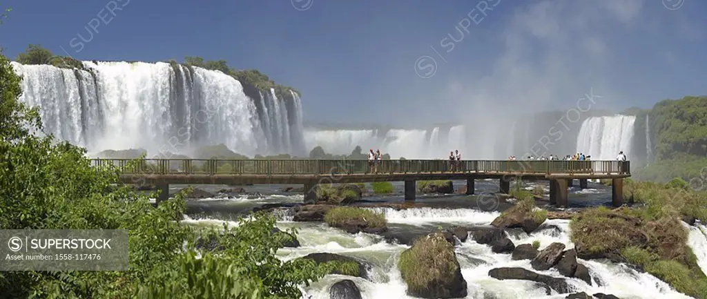 Brazil, Iguacu-Fälle, river, wood-bridge, tourists, South America, Latin America, Iguazu, water-cases, bridge, tourist-group, sight, tourist attractio...