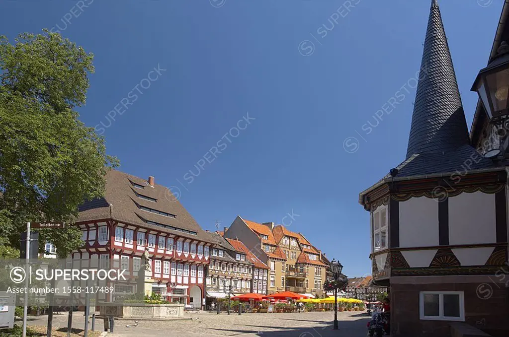 Germany, Lower Saxony, Einbeck, market place, town hall, facade, detail, Northern Germany, Weser-highland, market-street, houses, timbering-houses, ti...