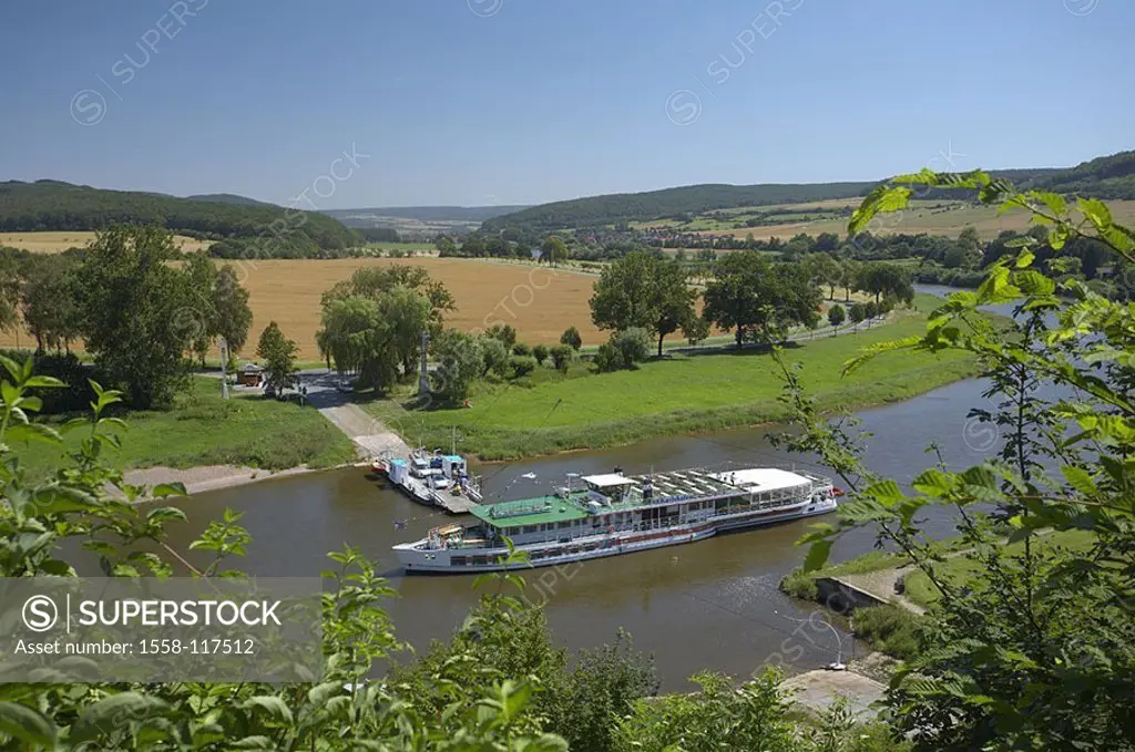Germany, Lower Saxony, Polle, Weser-bow, trip-ship, Northern Germany, Weser-highland, hill-landscape, river, Weser, jetty, ferry, Weser-steamers, ship...