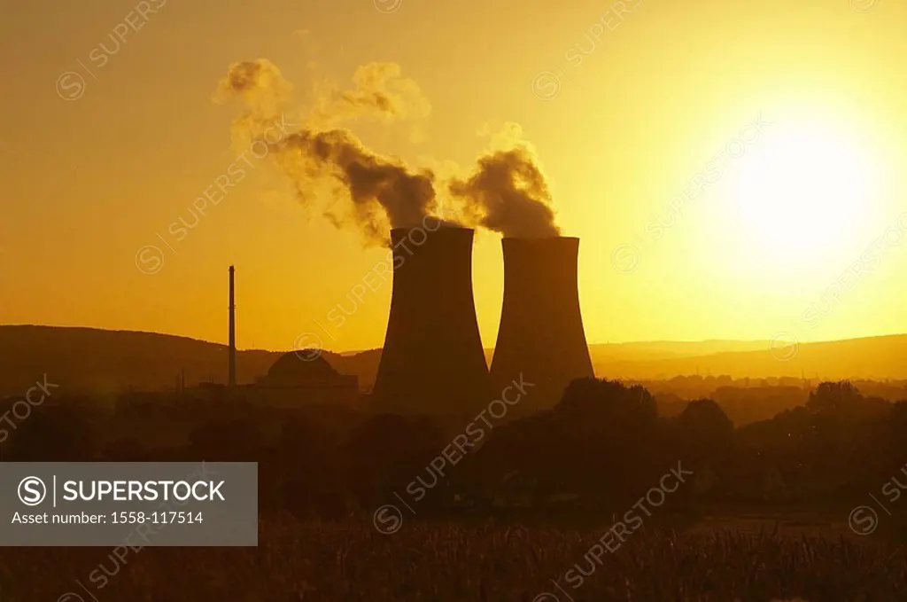 Germany, Lower Saxony, Grohnde, nuclear power plant, coolness-towers, sunset, Northern Germany, Weser-highland, nuclear power plant, power plant, nucl...