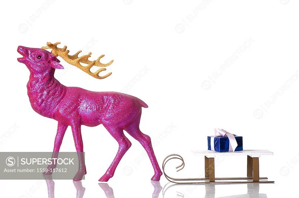 Plastic-elk, pink, sleighs, Christmas-gift, plastic-figure, elk, reindeer, gift, package, blue, bow, knows, gift, present, surprise, packed, packs, Ch...