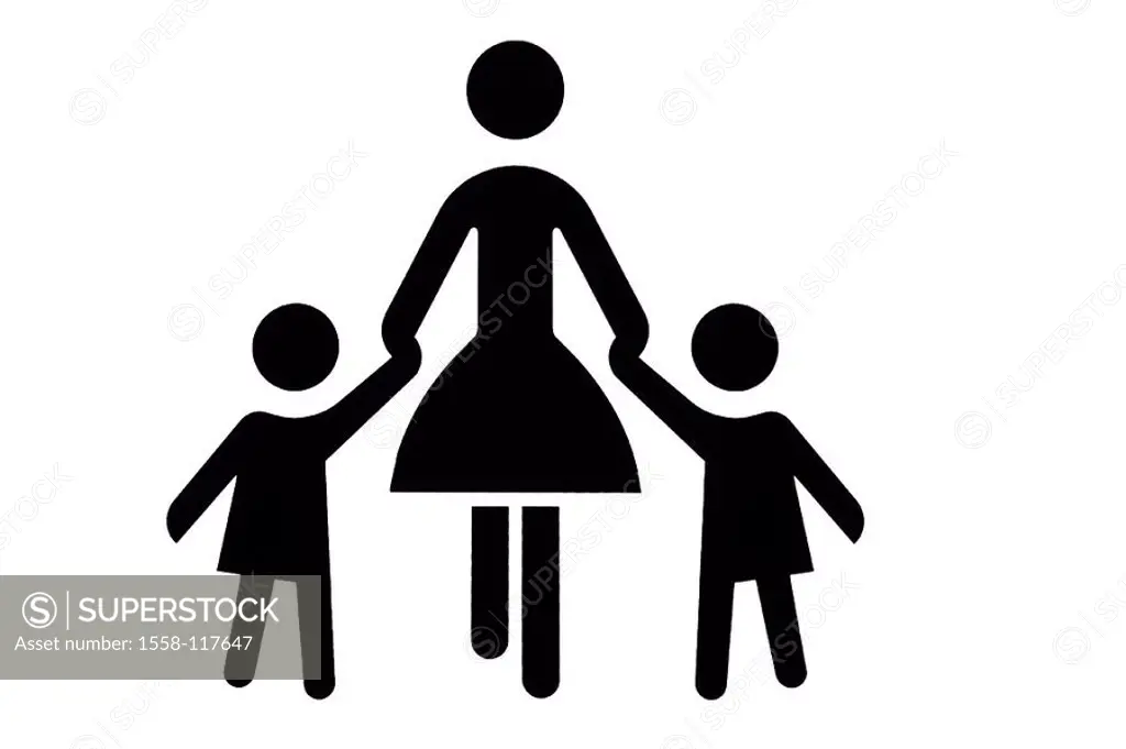 Pictogram, mother, children, hand in hand, black-and-white, symbol, concept, woman, female, toddlers, two, goes, parent, motherhood, education child-e...