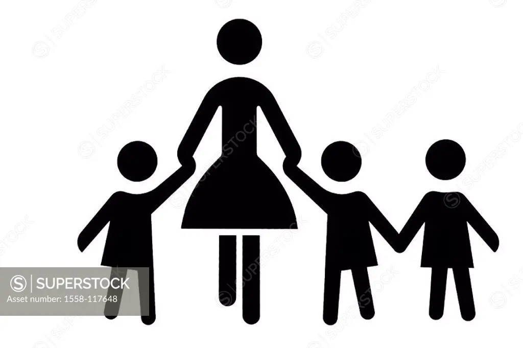 Pictogram, mother, children, hand in hand, black-and-white, symbol, concept, woman, female, toddlers, three, goes, parent, motherhood, education child...