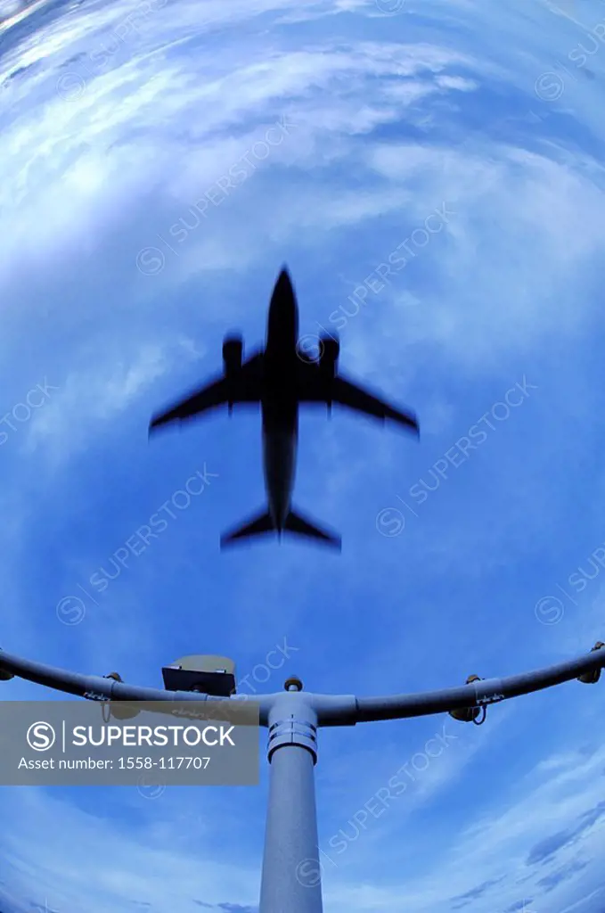 Cloud-heavens, silhouette, airplane, landing-lights, detail, from below, heavens, clouds, passenger-airplane, Boeing 737, air traffic, flight-trip, sc...
