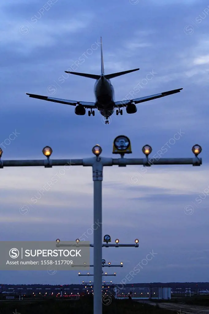 Cloud-heavens, silhouette, airplane, landing-lights, detail, from below, twilight, heavens, clouds, passenger-airplane, flies Boeing 737, air traffic,...