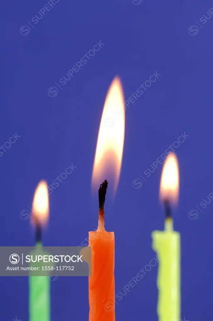 Candles, three, differently-colorfully, burns, series, wax candles, birthday-candles, colorfully, colored, orange, yellow, green, flames, candlelight,...