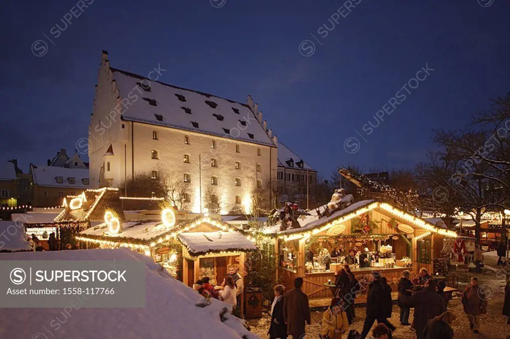 Germany, Bavaria, Ingolstadt, Christmas-market, evening, city, mood, Advent, Advent-time, buildings, architecture, duke-boxes, custom-hood, Christmas ...