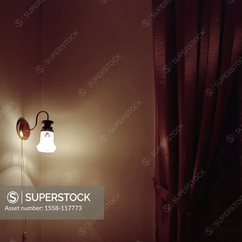 Hotel-rooms, lamp, detail, rooms, bedrooms, illumination, electricity, electrically, shines, light, wall-light, curtain twilight evening text-space,