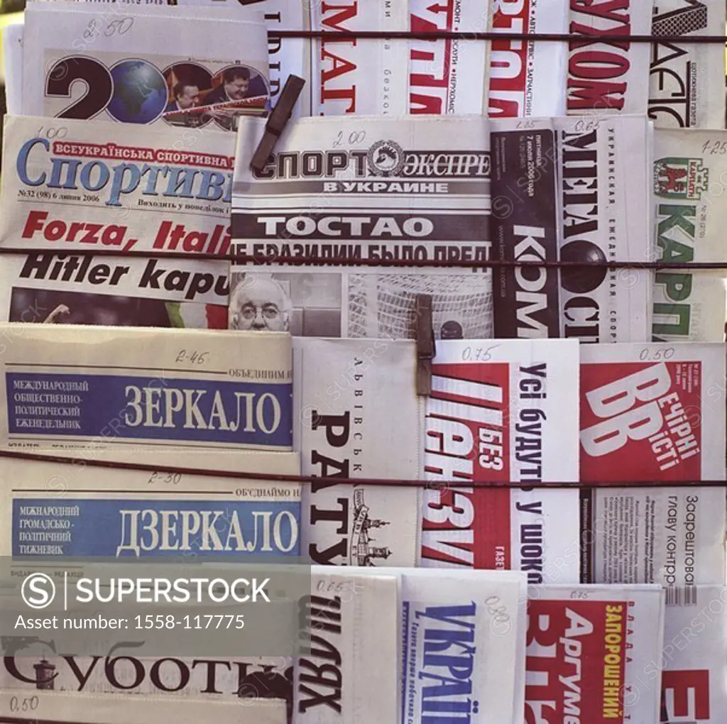 Ukraine, Lemberg, newsstand, newspapers, differently, detail, ´Forza Italia, Hitler kaput´ Eastern Europe, daily newspapers, news, football-world-cham...