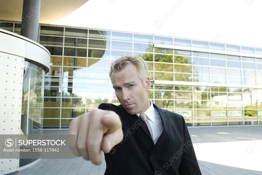 Office buildings, businessman, seriously, gesture, shows, portrait, series, people, man, 40-50 years, gaze camera signals indicates, annoyed, out-toss...